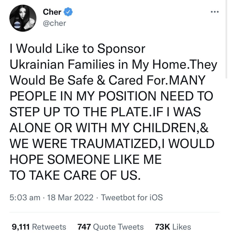 Cher, gest superb pentru refugiaţii din Ucraina