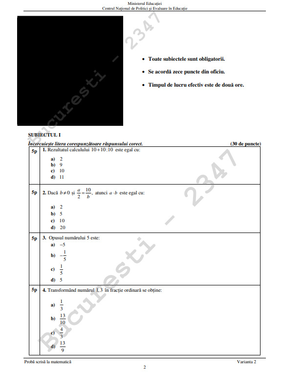Subiecte Matematică