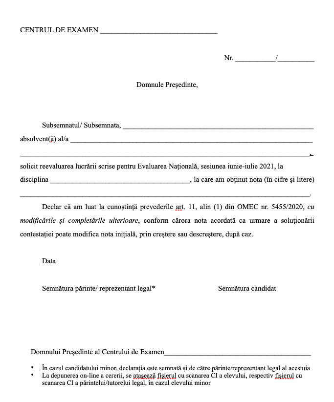 Model contestație Evaluarea Națională