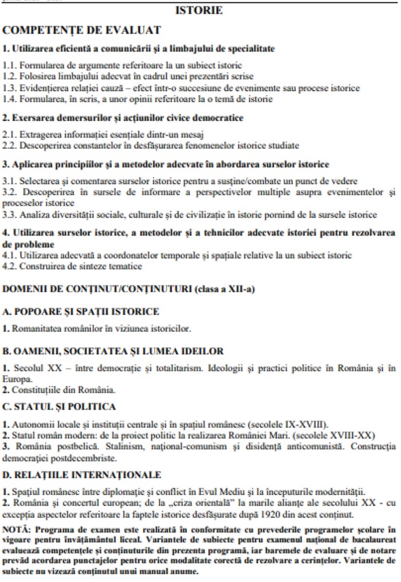 Programă istorie BAC 2022