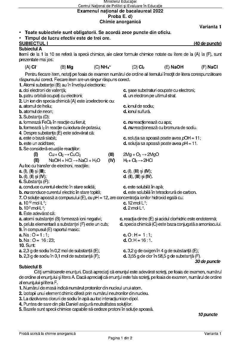 Subiecte chimie anorganică
