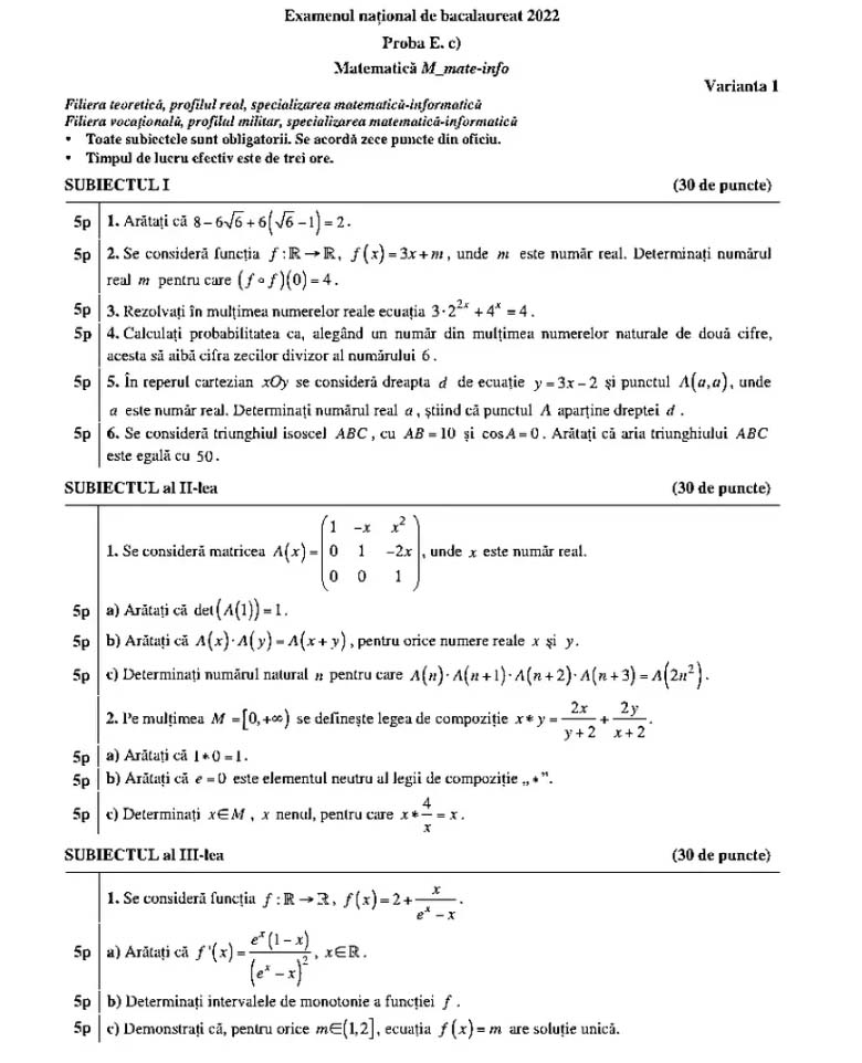 Subiecte Matematică