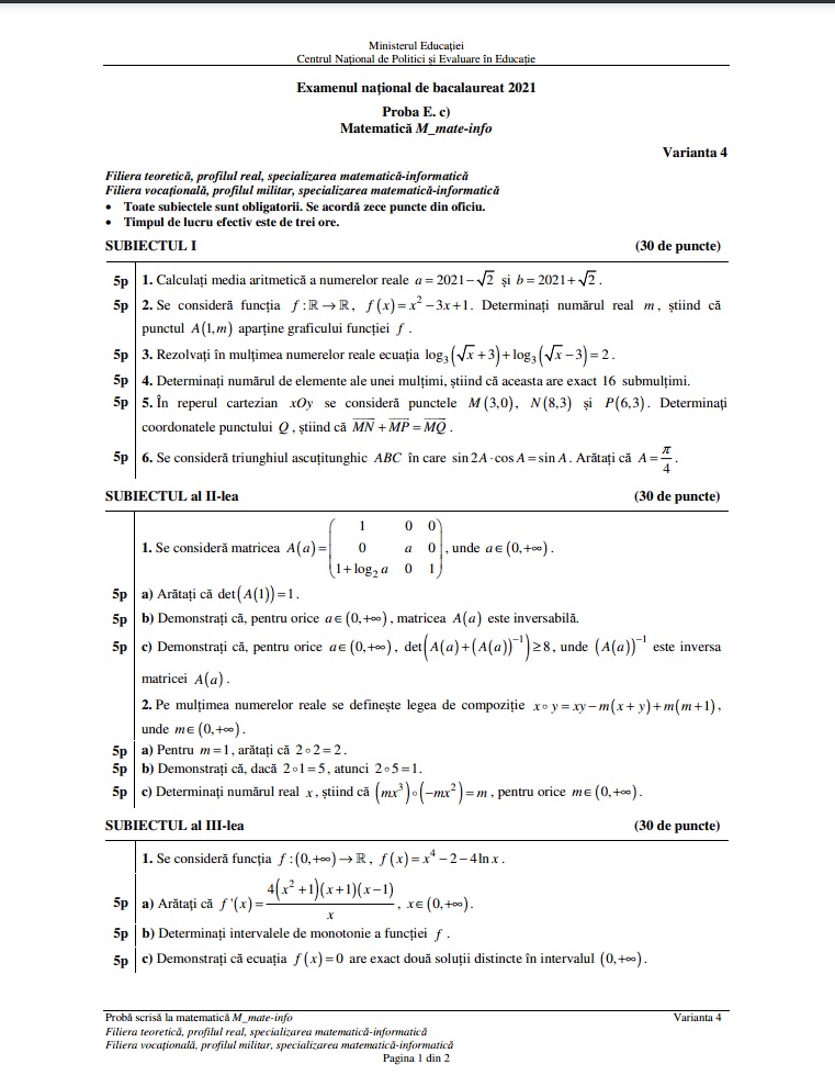 Ce subiecte au picat la Bacalaureat la matematică în ultimii ani