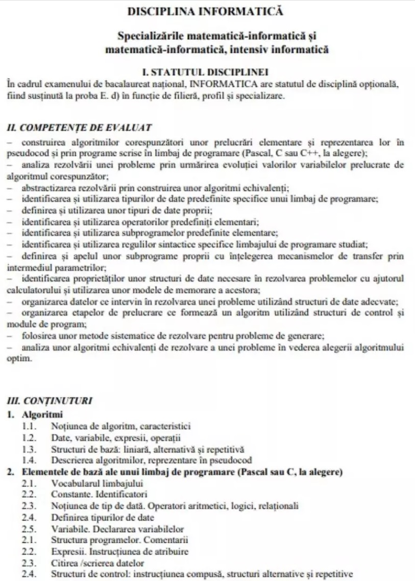 Programă bac informatică - mate-info