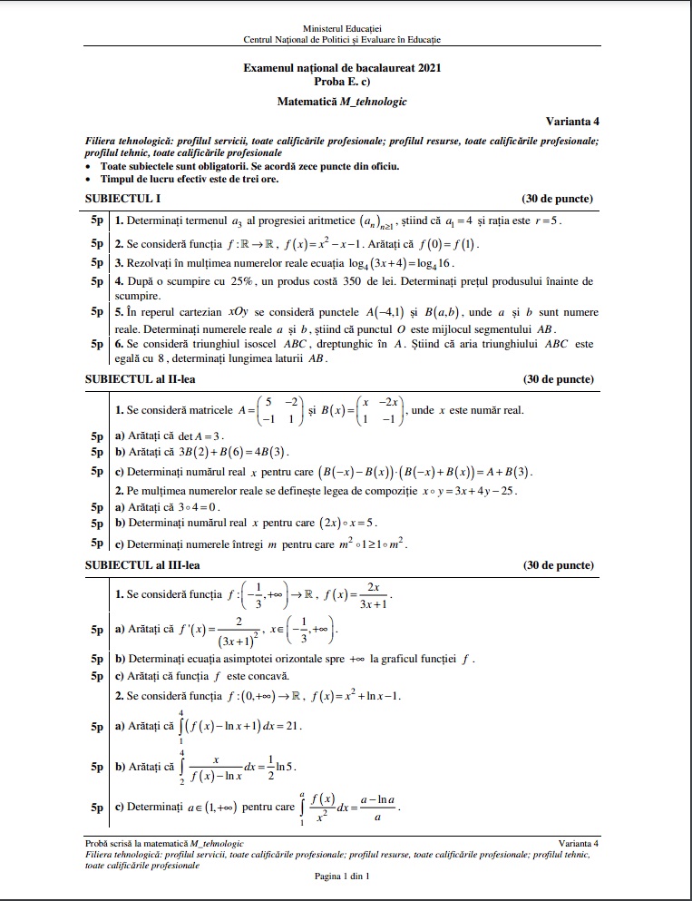 Ce subiecte au picat la Bacalaureat la matematică în ultimii ani