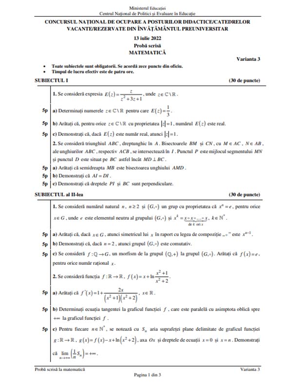 Subiecte Titularizare 2022 - Matematică