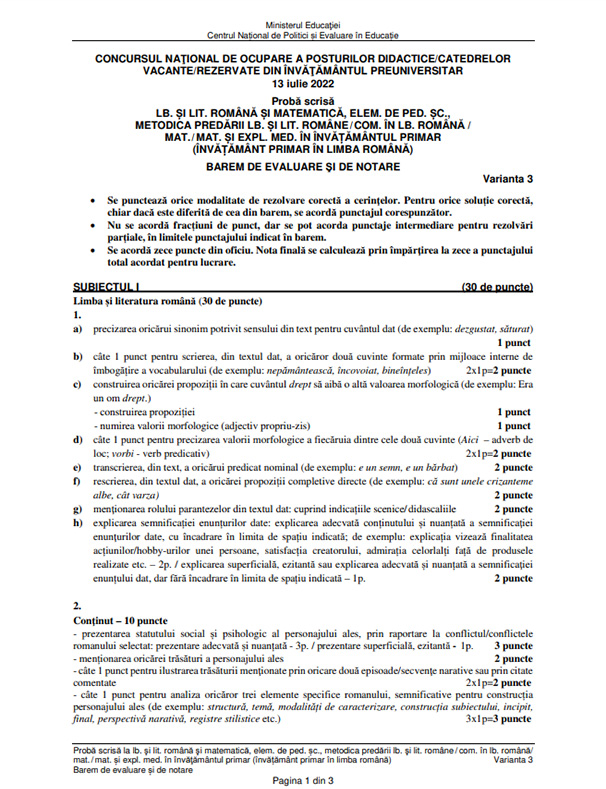 Subiecte Titularizare 2022 - Limba Română