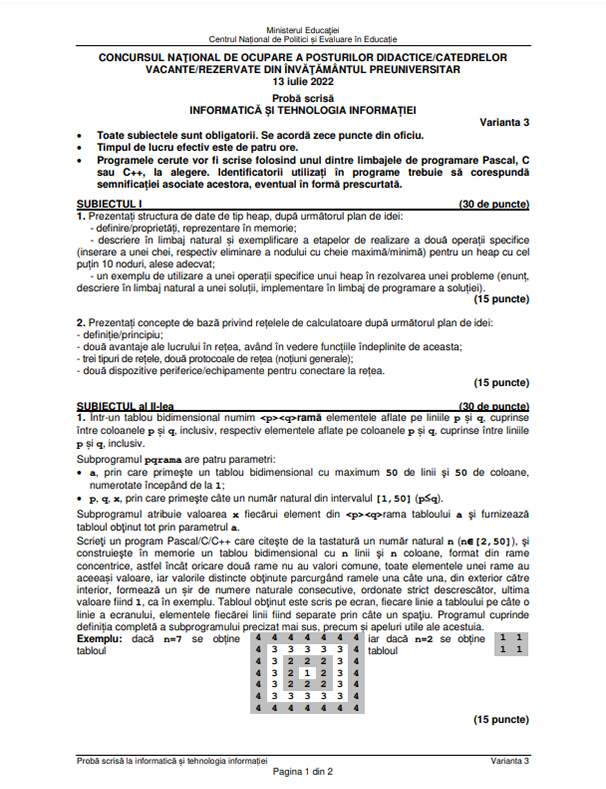 Subiecte Titularizare 2022 - Informatică