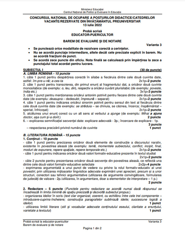 Subiecte Titularizare 2022 - Puericultor