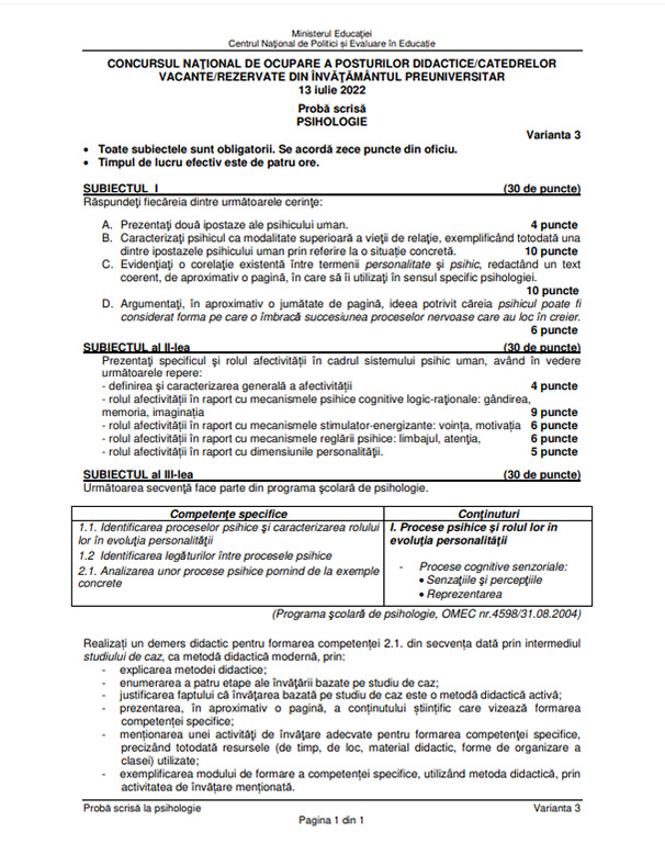 Subiecte Titularizare 2022 - Psihologie