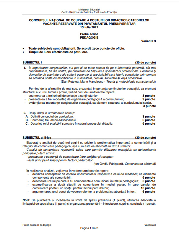 Subiecte Titularizare 2022 - Pedagogie