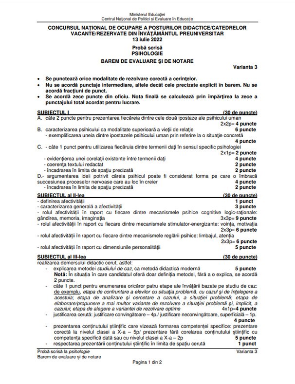 Subiecte Titularizare 2022 - Psihologie