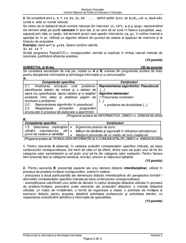 Subiecte Titularizare 2022 - Informatică