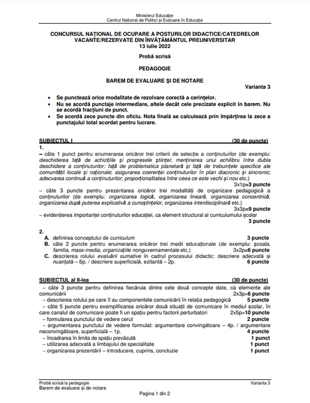 Subiecte Titularizare 2022 - Pedagogie