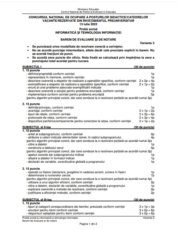 Subiecte Titularizare 2022 - Informatică