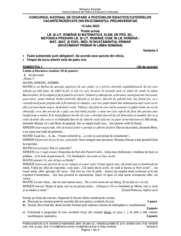Subiecte Titularizare 2022 - Limba Română