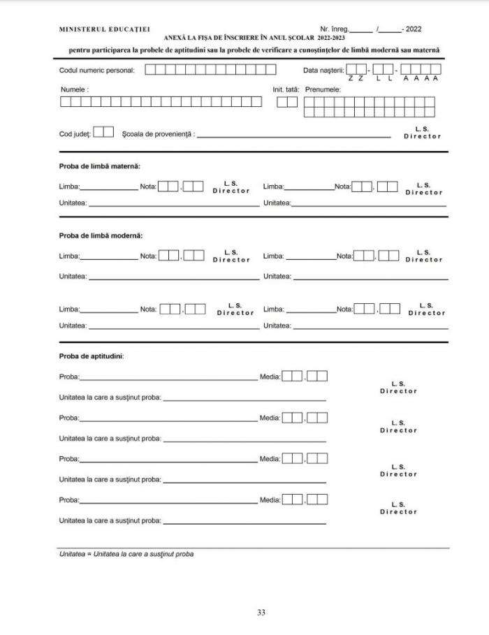 Model fișă de înscriere la liceu