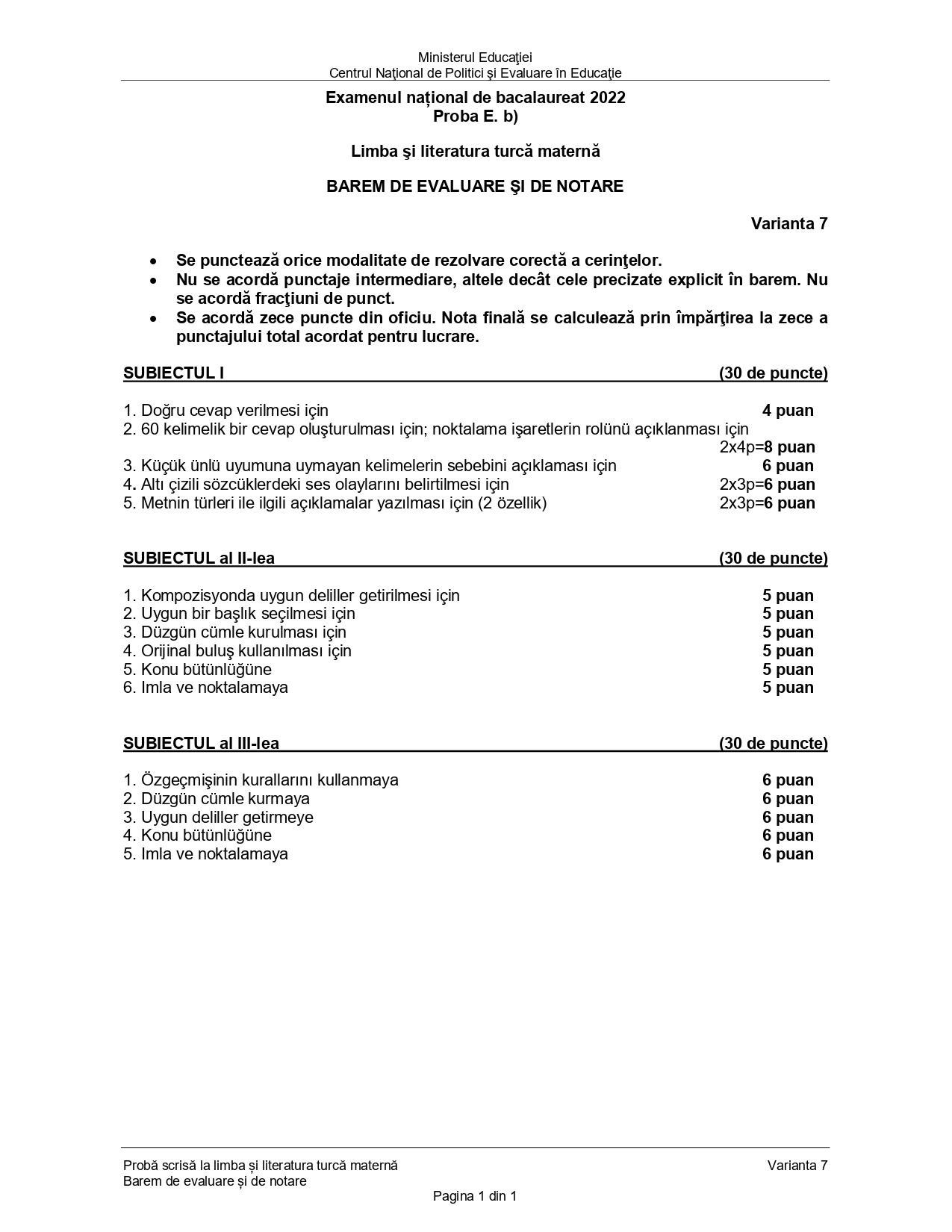 Baremul de corectare