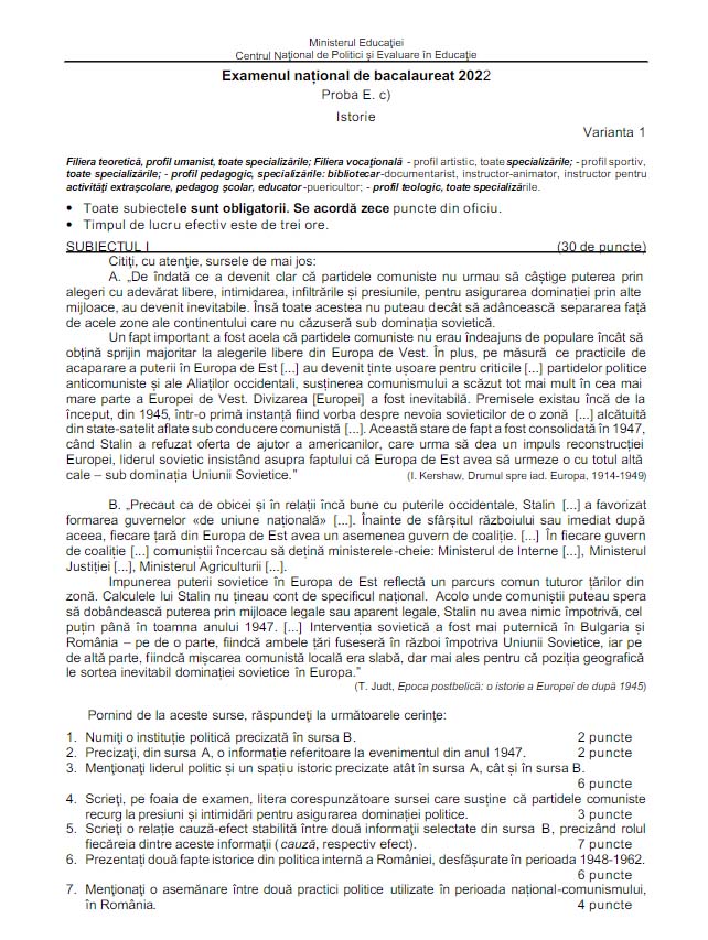 Subiecte BAC 2022 sesiunea de toamnă la istorie