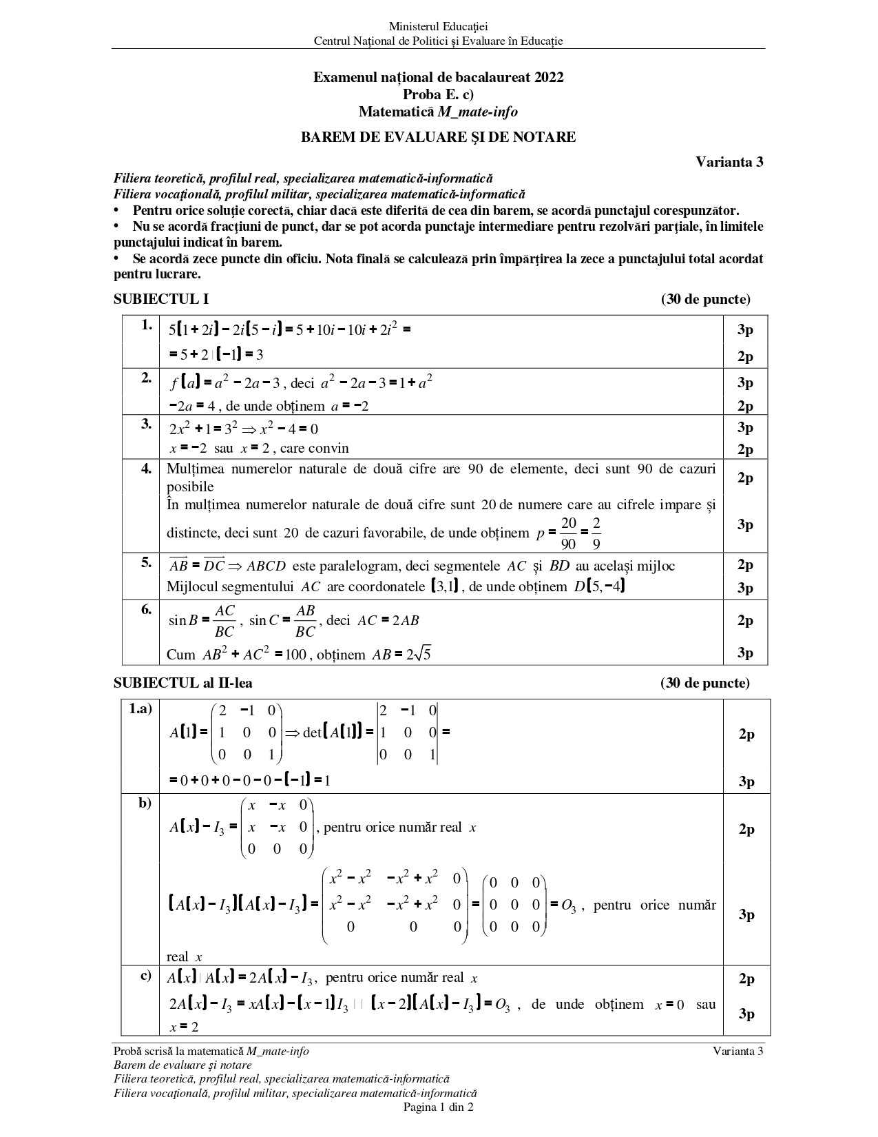 Rezolvare subiecte BAC 2022 sesiunea de toamnă la matematică