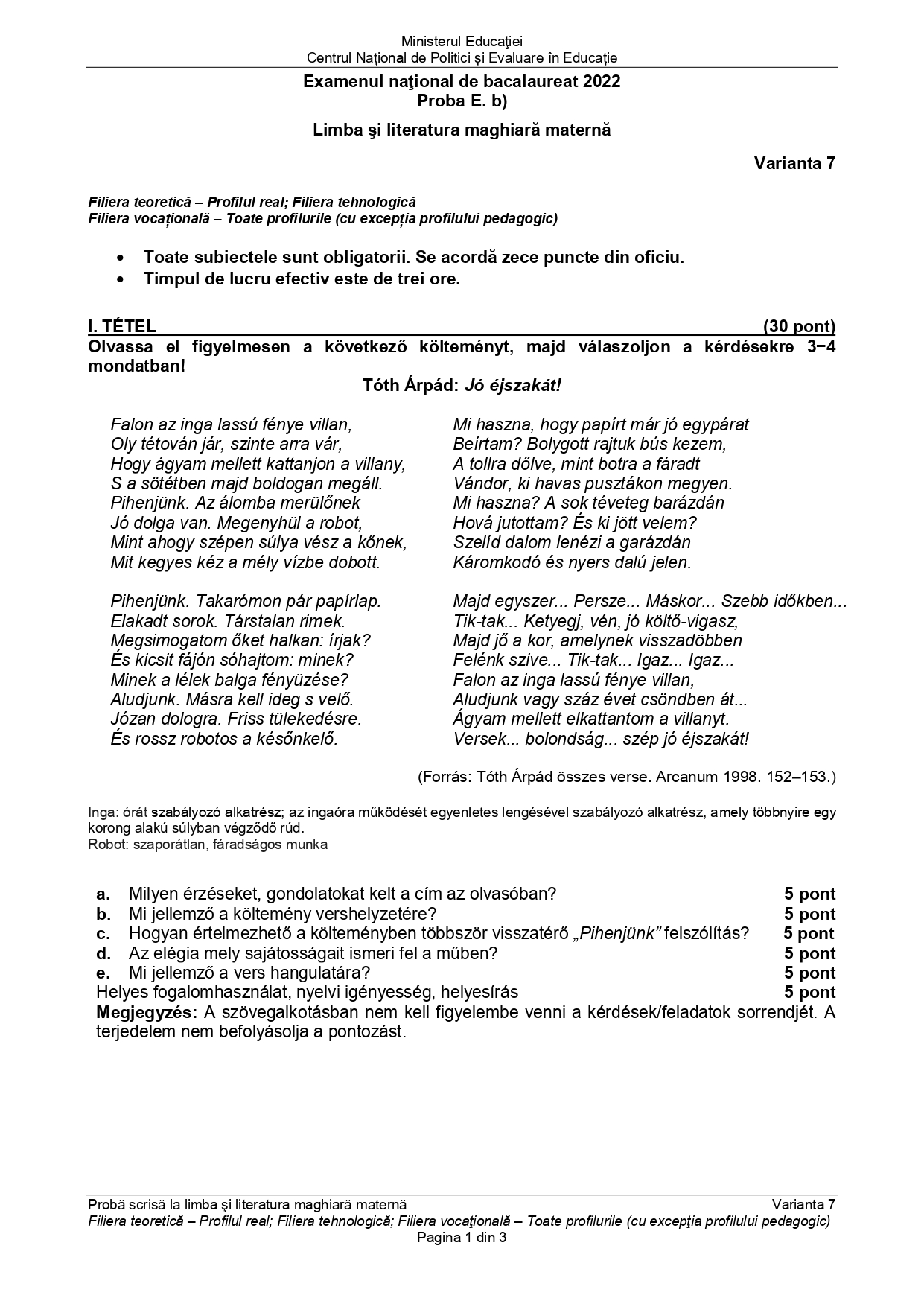 Subiecte BAC 2022 sesiunea de toamnă la limba maternă