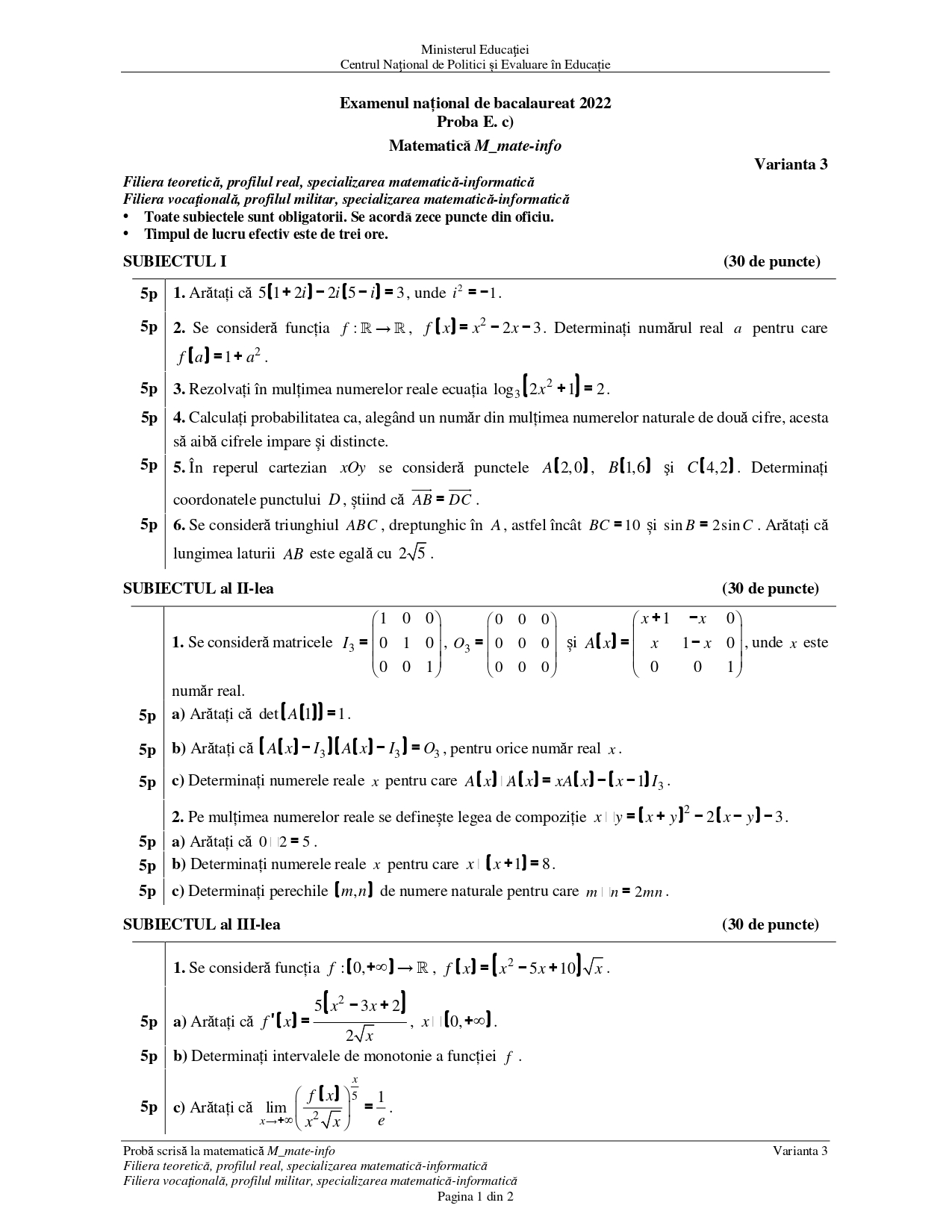 Subiecte BAC 2022 sesiunea de toamnă la matematică