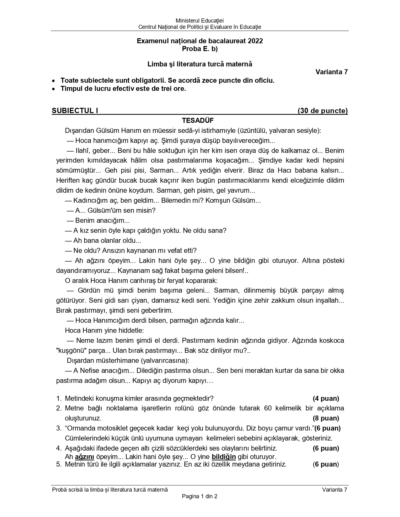 Subiecte BAC 2022 sesiunea de toamnă la limba maternă