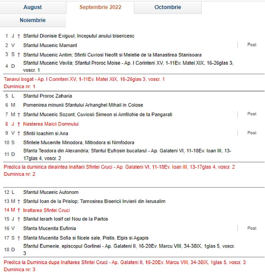 Calendar ortodox septembrie 2022