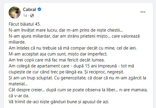 Anunțul făcut de Cabral, după 15 ani de relație