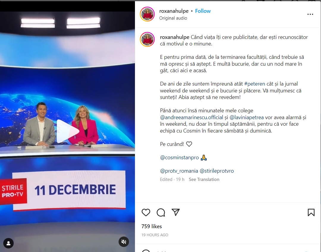 Cine o inlocuieste pe Roxana Hulpe la Pro TV