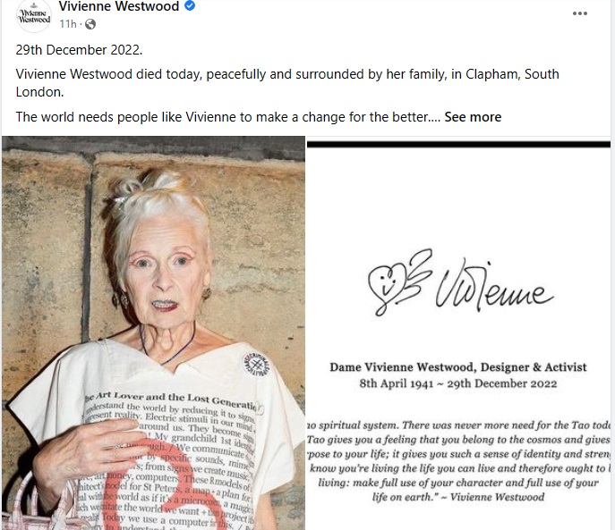 Mesajul transmis de familia creatoarei de modă Vivienne Westwood 