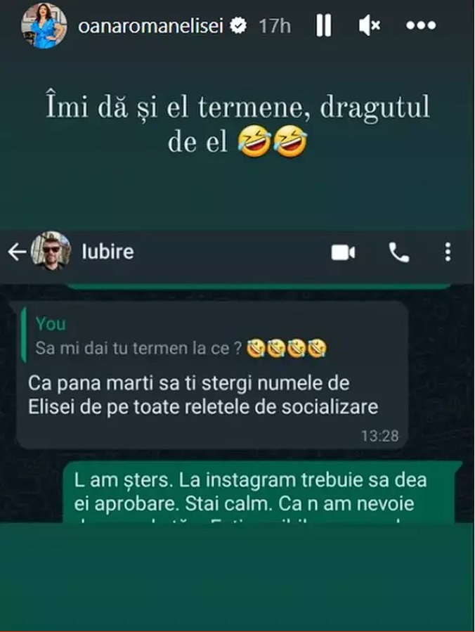 Mesajul pe care Oana Roman l-a primit de la Marius Elisei
