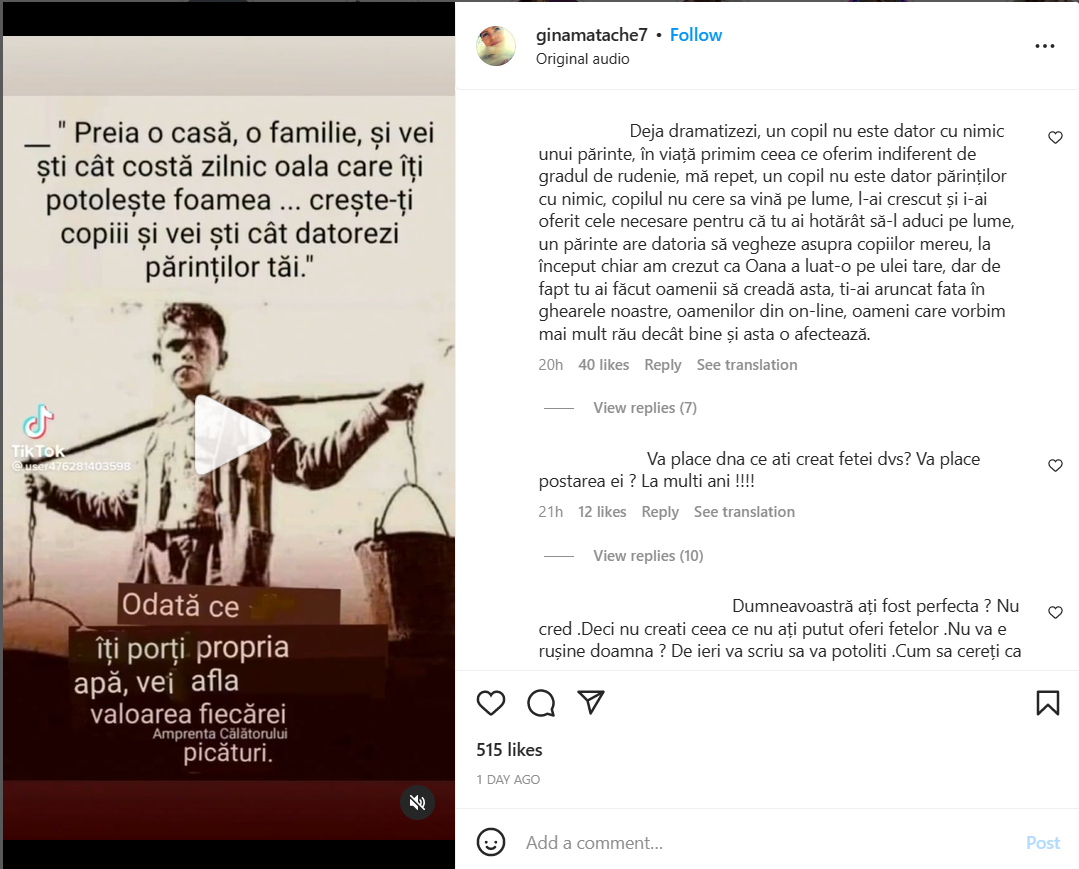 Gina Matache a revenit cu nouă reacție, după ce fiica ei a acuzat-o că nu a procedat corect