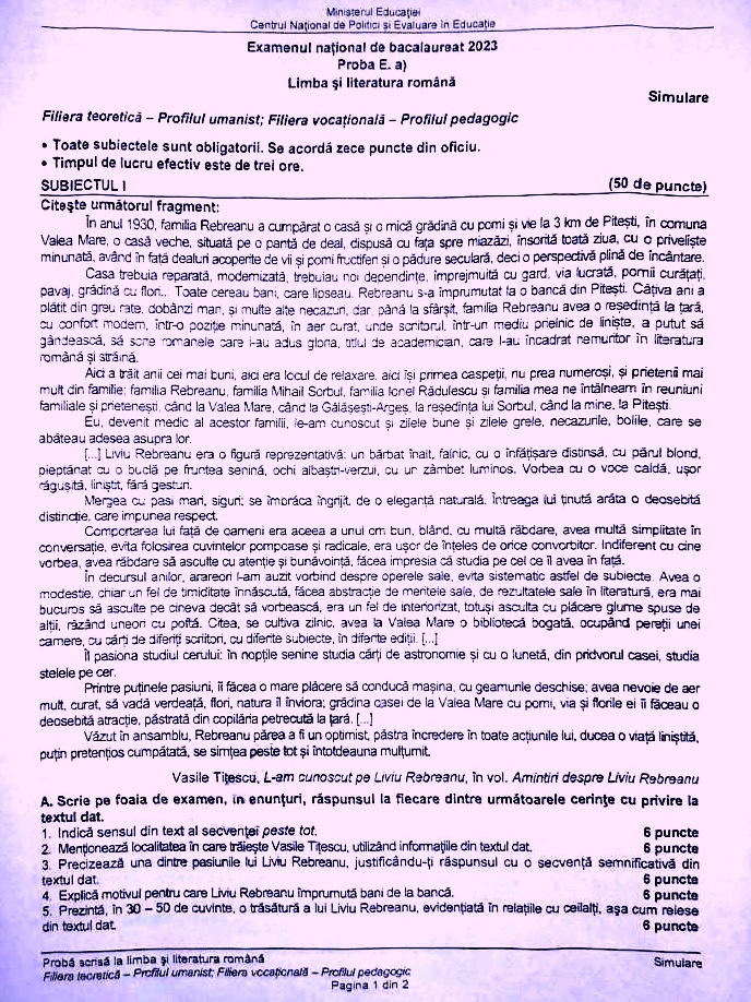 Subiecte simulare BAC 2023 la limba română
