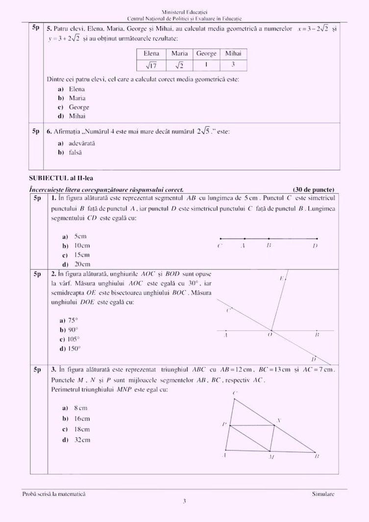 Subiecte matematică la simularea pentru Evaluarea Națională 2023
