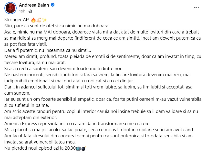Mesajul postat de Andreea Bălan