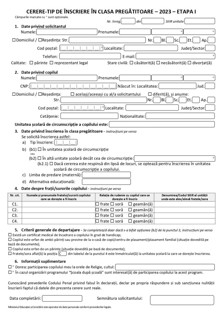 Înscrieri clasa pregătitoare 2023-2024. Model de cerere