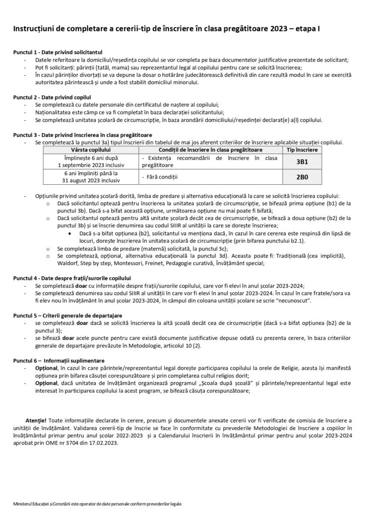 Înscrieri clasa pregătitoare 2023-2024. Model de cerere