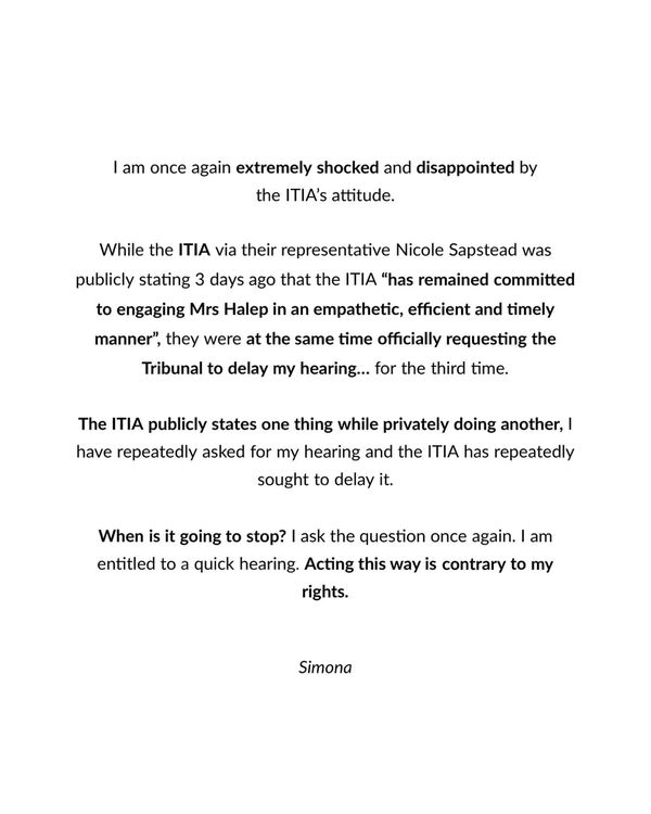 MEsajul Simonei Halep, după ce a aflat că audierea ei a fost din nou amânată la cererea ITIA