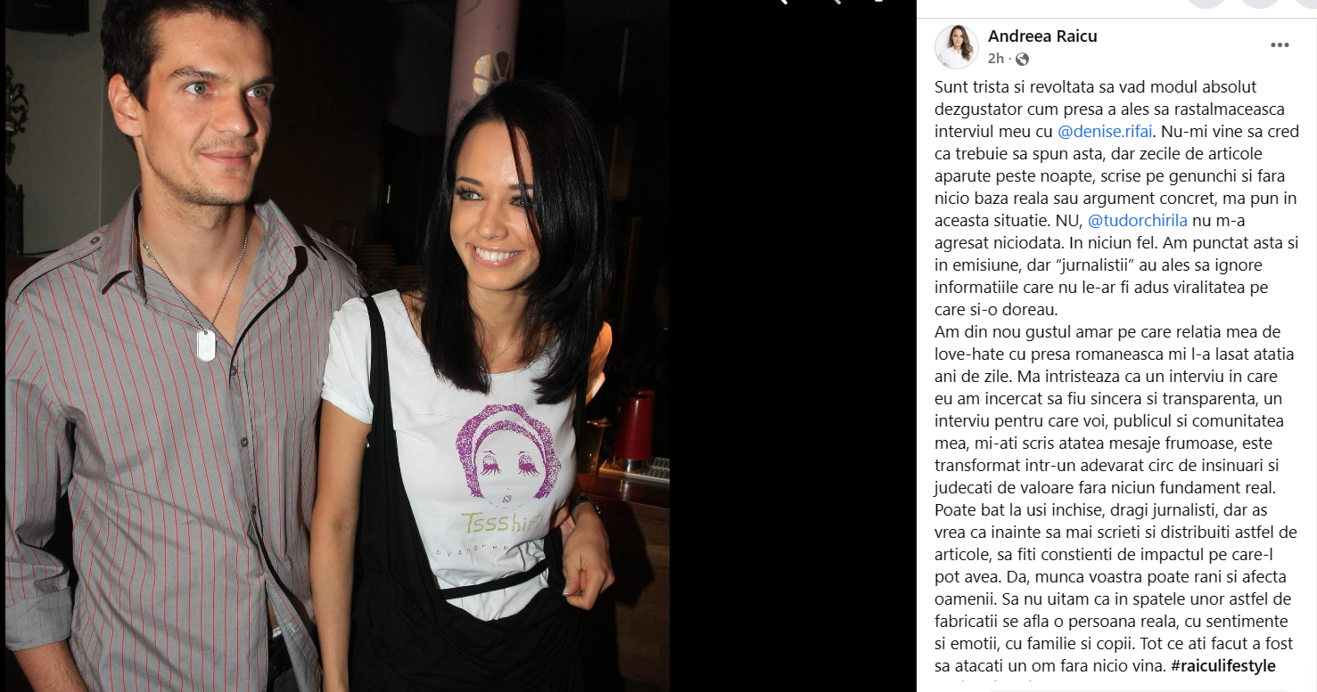 Andreea Raicu a reacționat imediat, după ce s-a spus că a fost agresată de Tudor Chirilă. Vedeta nu a lăsat loc de interpretări