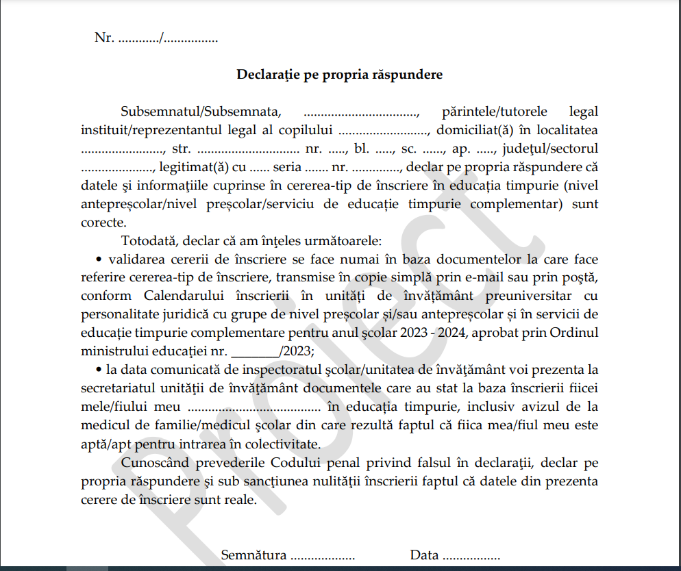 Înscrieri grădiniță și creșă 2023- Model cerere