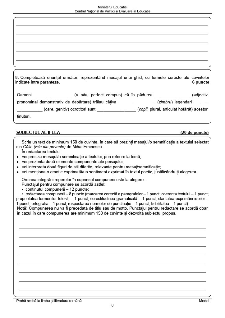 Modele de subiecte pentru Evaluarea Națională 2023 la Limba Română