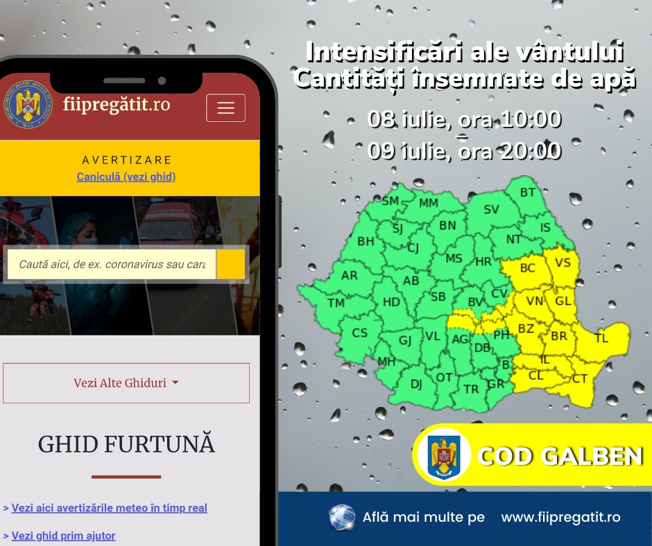 Anunț important de la ANM. Cod galben de fenomene meteo periculoase. Zonele vizate 1