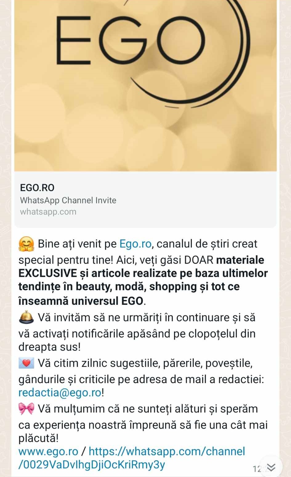 Ego.ro a lansat canalul de WhatsApp. Abonează-te pentru cele mai bune interviuri și reportaje, dar și povești cu și despre tine