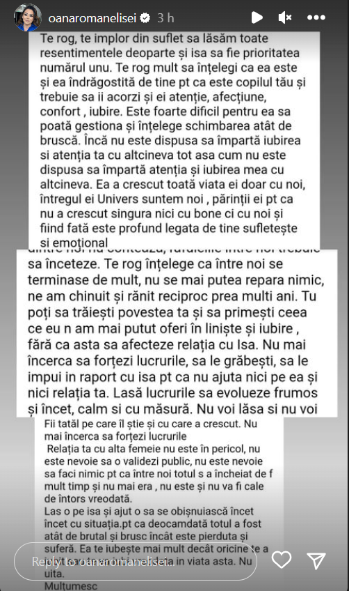 Oana Roman și Marius Elisei nu se mai înțeleg deloc. Vedeta a publicat mesajele cu fostul soț: “Te implor”