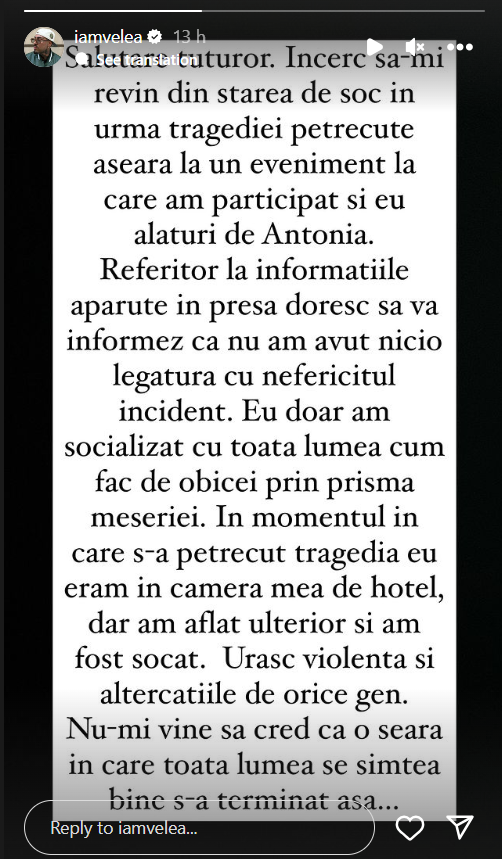 Prima reacție a lui Alex Velea, după crima de la Padina. Artistul e șocat