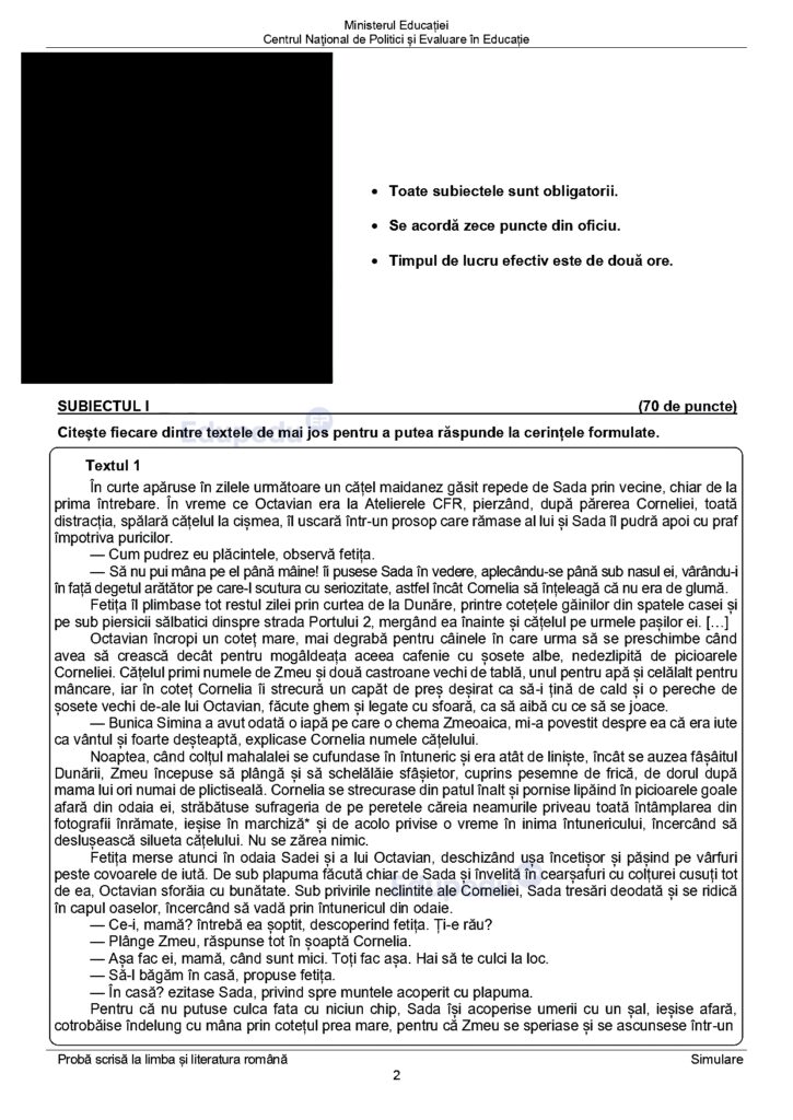 Simulare Evaluarea Nationala 2024, subiecte la limba romana 1