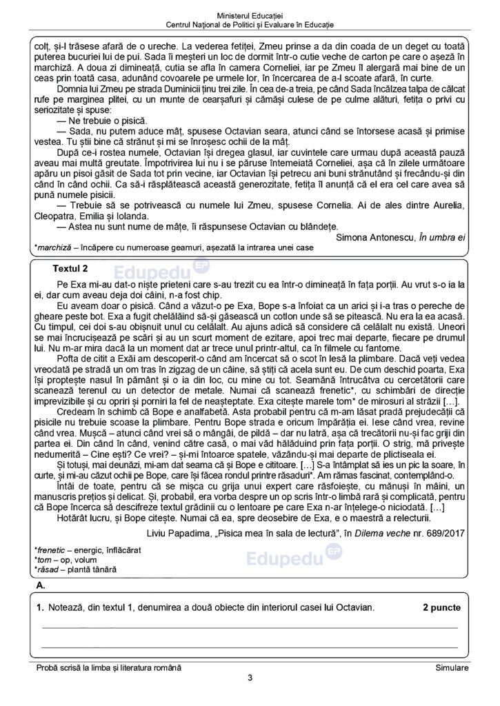 Simulare Evaluarea Nationala 2024, subiecte la limba romana 2