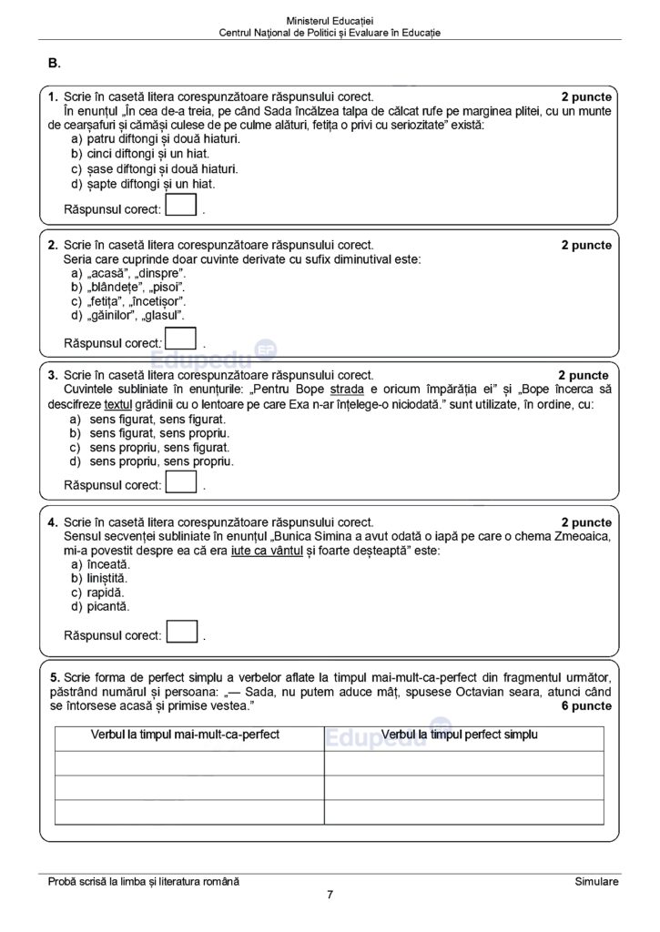 Simulare Evaluarea Națională 2024, subiecte la limba română 6