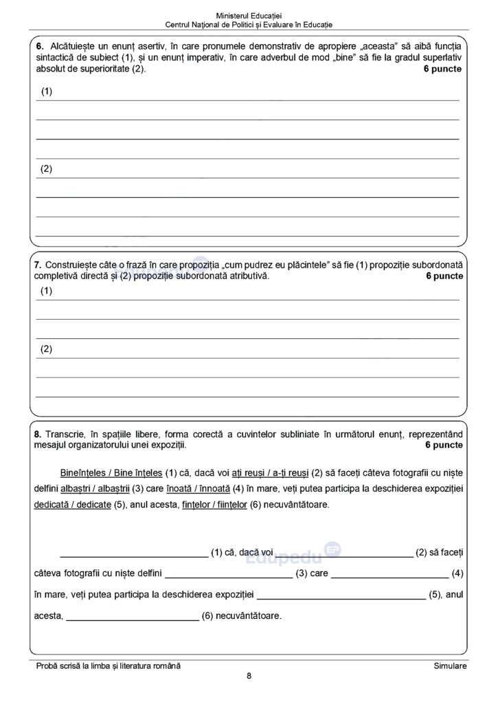 Simulare Evaluarea Națională 2024, subiecte la limba română 7